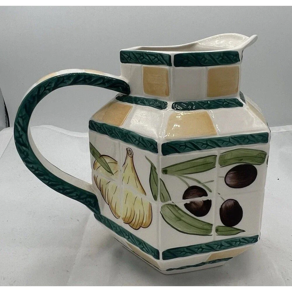 Vintage Clay Art San Francisco Olive Garlic Ceramic Pitcher Hexagon AS IS Rare